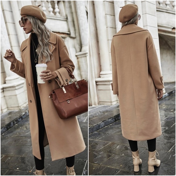 camel tan button long fall trench pea coat - Picture 3 of 3